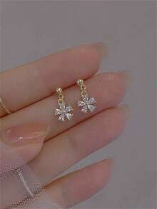 CHOSHILAR 1對立方鋯石方形,鍍金黃銅花形cz石坠耳環 - 金黃色 - 查看 7