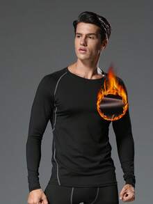 男士保暖内衣套装（2件装） - 保暖长袖打底衫，柔软隔热面料，适合日常穿着、健身、跑步、骑行和滑雪（秋冬季） - 黑色 - 查看 3