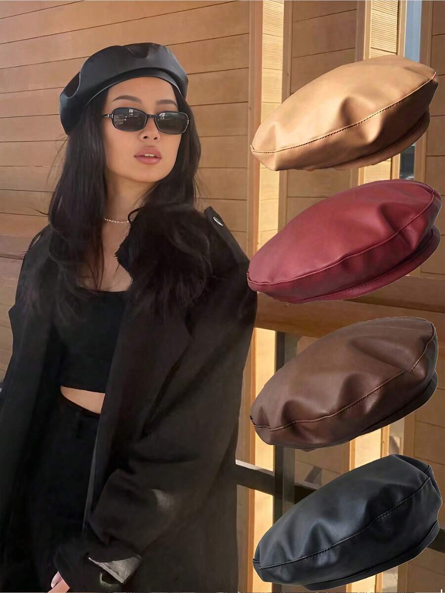 1pc Women's Black Flat Top Beret Hat, Versatile PU Painter Beret, Pumpkin Hat, Autumn/Winter