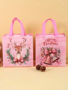 Pink Christmas Tote Bags With Handles, Santa Claus Elk Bell Pattern Reusable Gift Bags, Grocery Shopping Bag, Non-Woven Bags, Party Favors Bags, Festive Christmas Decorations For Home 2025 Xmas Gifts Christmas New Year 2026 Packaging Bags