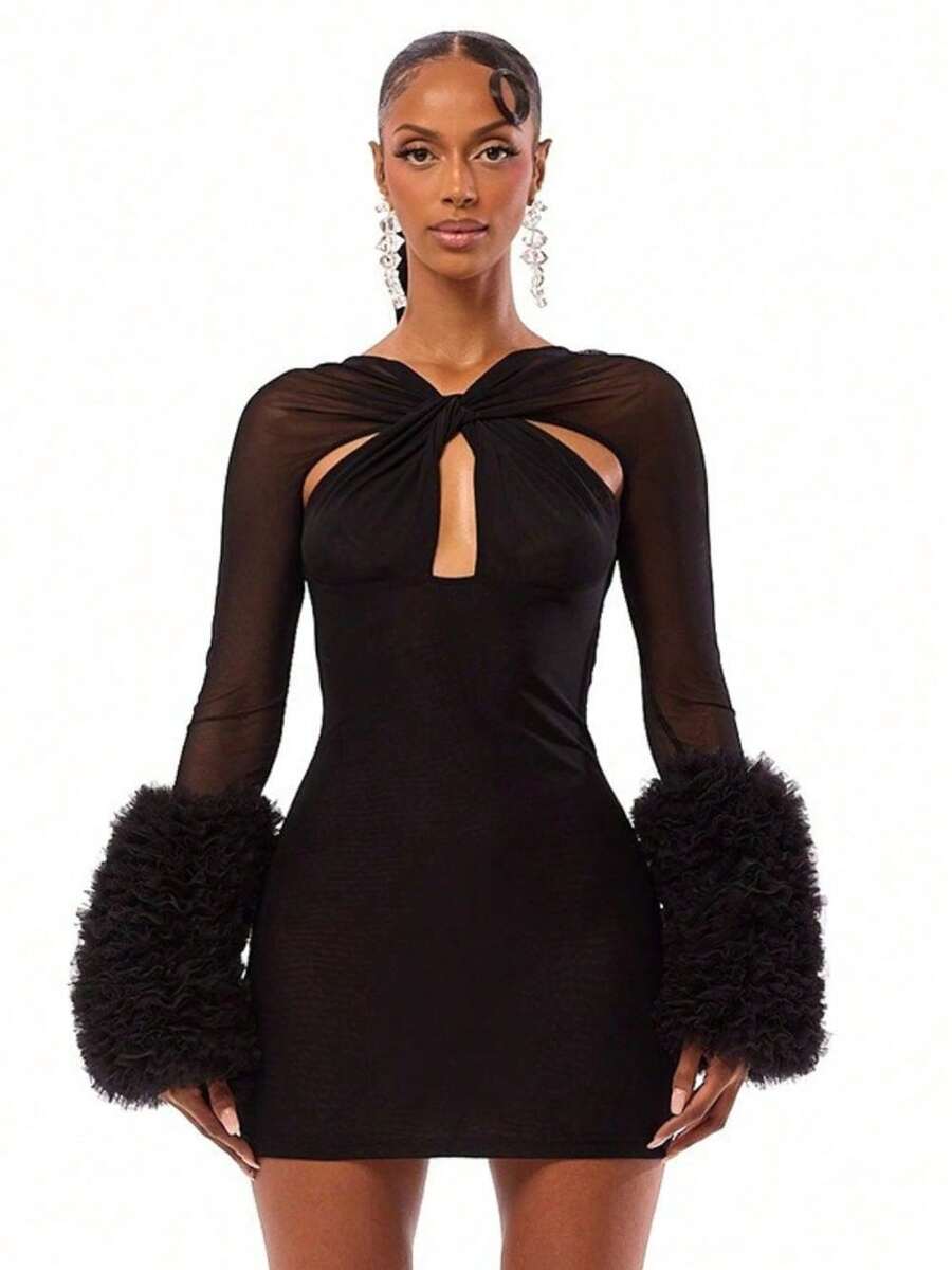 Winter And Autumn Women's Net Fabric Cross-Pleated Long-Sleeved Fur-Lined Tight-Sleeved A-Line Skirt With Waistband - 黑色 - 查看 1