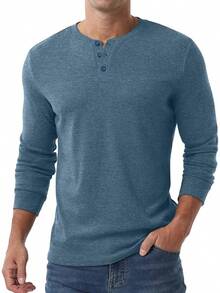 Men's Henley Long Sleeve Casual Classic Button Pullover Tee - Styles - 藍色 - 查看 5