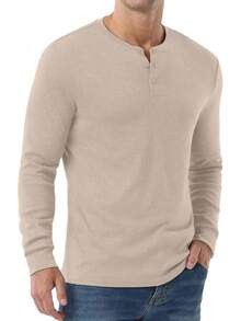 Men's Henley Long Sleeve Casual Classic Button Pullover Tee - Styles - 灰卡其色 - 查看 3