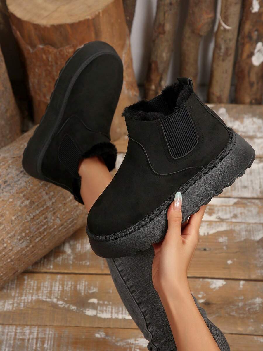 2025年新款青少年女孩厚底雪地靴，毛皮衬里，冬季保暖鞋 - 黑色 - 查看 1