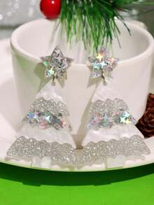 1 Pair Fashionable & Glamorous Colorful Cute Cartoon Sparkling Unique Creative Silver Glitter Christmas Tree Acrylic Dangle Earrings For Women, Suitable For Daily Wear, Holiday Party Jewelry