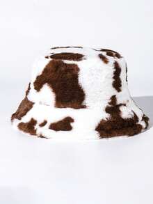Classic Autumn/Winter New Solid Color Cow Print Faux Fur Fisherman Hat, Korean Fashion Faux Fur Fluffy Thick All-Match Casual Retro Party Streetwear Polyester Fiber Decorated Hat