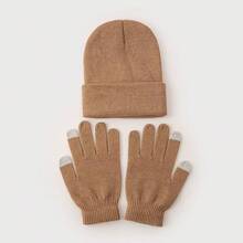 2pcs Set Candy Color Men Solid Knit Beanie Hat And Two-Finger Touchscreen Gloves, Warm And Versatile For Autumn/Winter Daily Wear And Outdoor Winter Warm