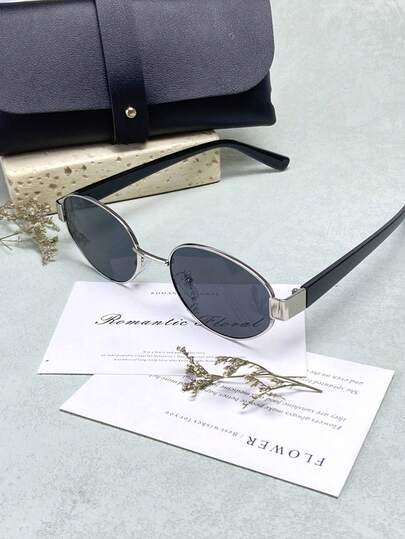 نظارة رجالية ديكورية إطار كامل عتيقة، عدسة رمادية بيضاوية، إطار معدني وبلاستيك مع علبة جلدية، مناسبة للقيادة والعطلات وتصوير الشوارع