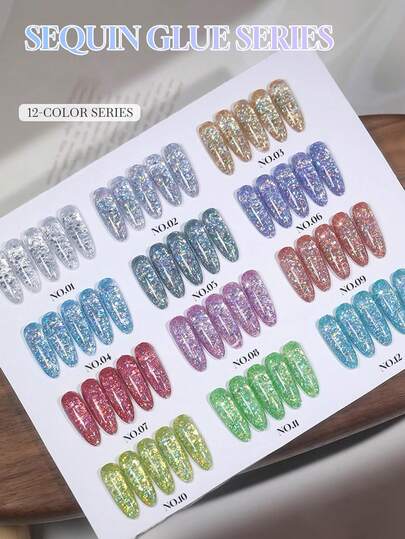 12毫升装，2025圣诞新品女士礼盒套装，7色闪亮水钻凝胶指甲油。四季皆宜，美甲必备，需搭配底油和亮油使用，需UV灯固化。植物基凝胶套装，适合初学者，居家、办公、通勤、约会等各种场合。畅销沙龙级品质，持久28天。