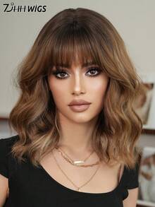 7JHH WIGS Parrucca corta ondulata color terracotta marrone sfumato con frangia per donna, parrucca riccioluta a onde di lunghezza spalle con radici scure, capelli sintetici resistenti al calore adatta per uso quotidiano, feste, cosplay, 14 pollici