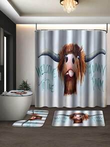 Set de baie cu imprimeu amuzant de vacă 1/4 buc, set decorativ pentru baie, perdea de duș impermeabilă cu cârlige, covoraș antiderapant, husă pentru scaun de toaletă și covoraș în formă de U, separator pentru cadă, accesorii pentru baie, decor pentru casă, set de duș cu perdea pentru fereastră pentru baie, decor pentru baie, decor de Crăciun
