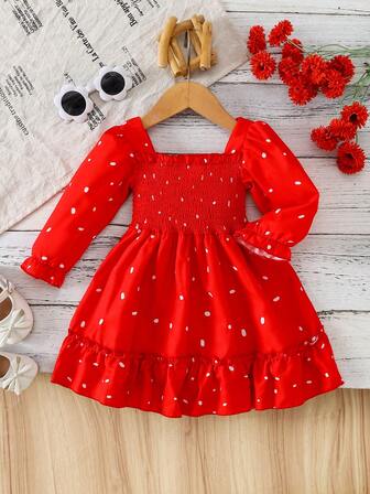 Baby Mädchen Lässiges Kleid mit Quadratischem Ausschnitt und Puffärmeln, Frühling/Sommer Geschenk & Party