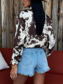 Chemise/Top vintage simple à imprimé vache et léopard, col cowboy, pour femmes, toutes saisons
