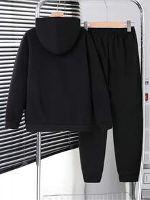 2pcs/Set Boys Smiling Face Print Casual Sports Hoodie Sweatshirt And Elastic Waist Jogger Pants Set, Autumn/Winter - Black - View 2