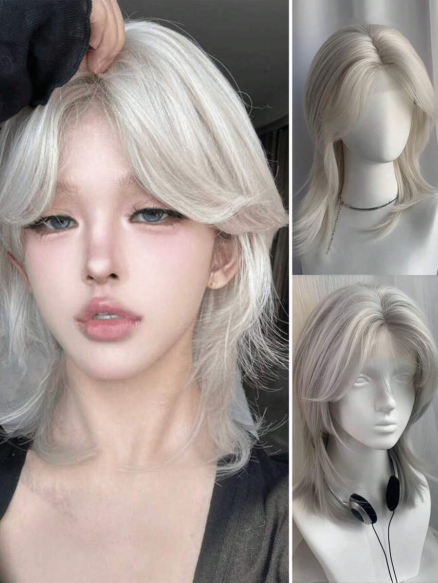 蕾丝铂金狼鱼短假发套装，时尚前卫，男女通用灰色鲤鱼头全头假发套装，逼真合成发 - 彩色 - 查看 1