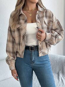 Autumn And Winter Retro Fashion Plaid Off-Shoulder Long-Sleeved Short Woolen Coat Jacket - 杏色 - 查看 1