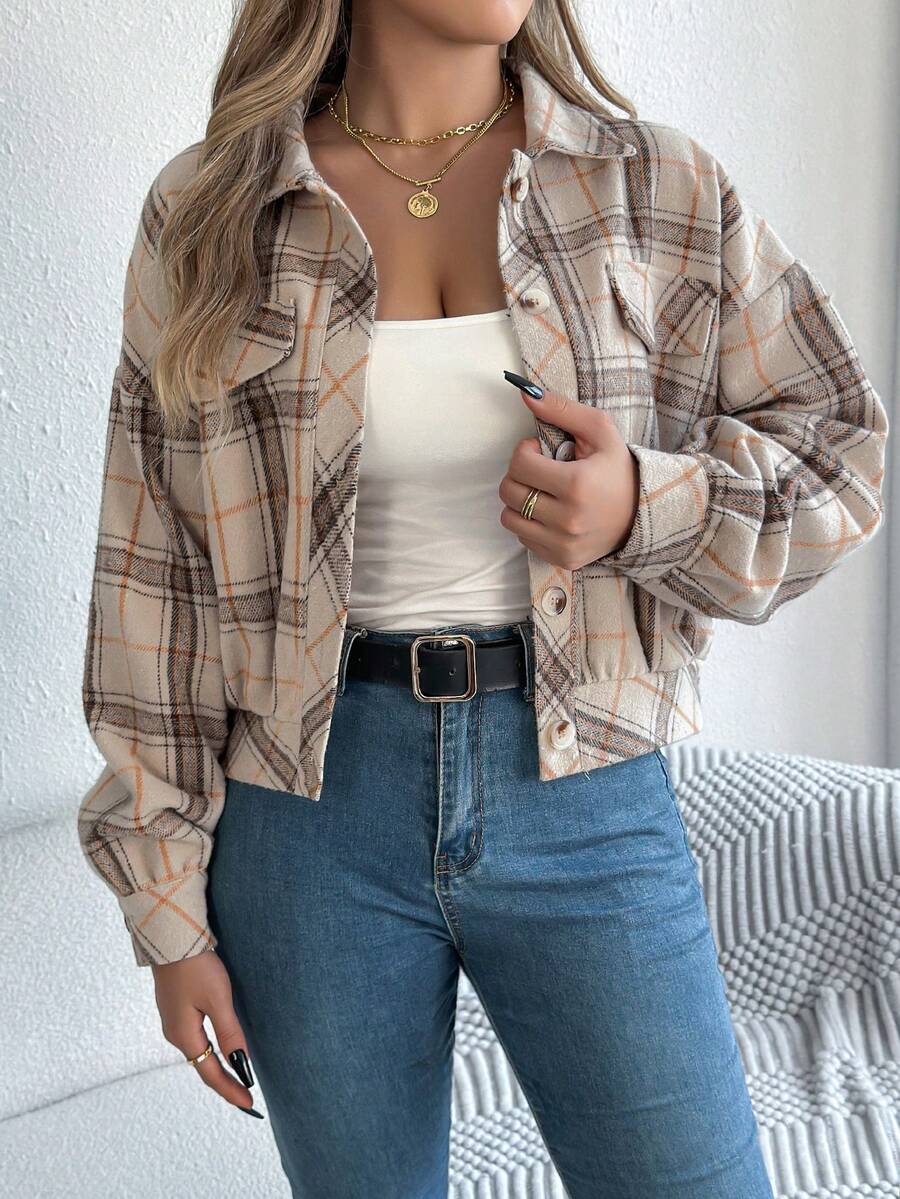 Autumn And Winter Retro Fashion Plaid Off-Shoulder Long-Sleeved Short Woolen Coat Jacket - 杏色 - 查看 1