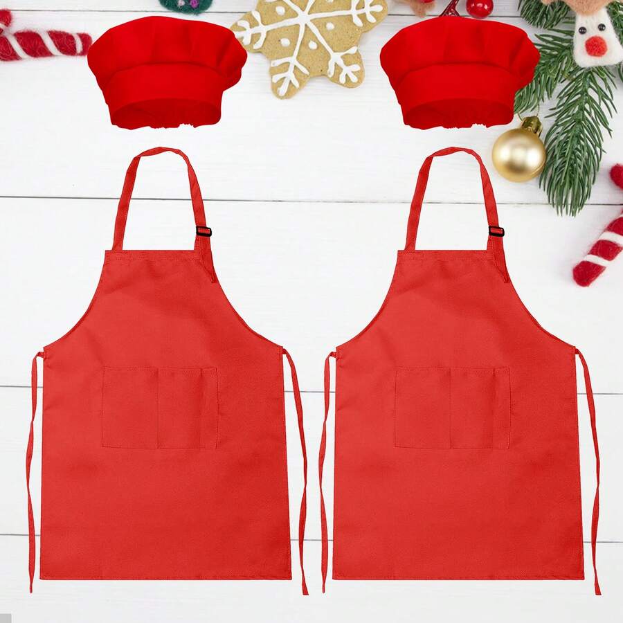 2 Packs Green&Red Kids Apron And Chef Hat Set-Children Kids Apron For Girls Boys Cooking Painting Baking ,Christmas DIY Party,Wear 6-13 Ages - Multicolor - View 1