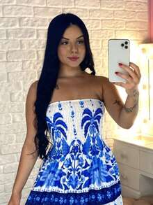 Long Strapless Dress Printed With Elastex Crepe Fabric Summer Beach Non-Wrinkle Fabric - Màu xanh lam - Xem 2