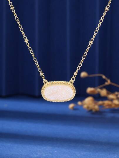 1pc Oval Pendant Necklace, Copper, EU & US Fashion Style, Everyday Wear For Women