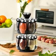 6/12 PCS Double Deck Rotating Spice Rack Organizer, Glass Countertop Holder With Stainless Steel Lids, Step Shelf & Reusable Labels, Ideal For Kitchen Cabinets And Pantry Storage, Perfect For Herbs, Spices, And Seasonings