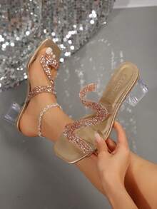 New Plus Size Women's Open Toe Rhinestone Transparent Chunky Heel Slides Sandals, Comfortable Casual Fashion Outdoor Beach Summer Shoes