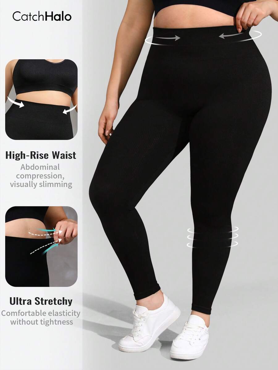 Leggings sin costuras para mujer talla grande con 4 vías de estiramiento - Pantalones de yoga con control de abdomen y cintura alta, adecuados para figuras curvilíneas | Mallas transpirables a prueba de sentadillas (Negro, 0XL~3XL) - Negro - Ver 1