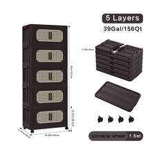 Retro Brown,20" Side Wide Folding Storage Cabinet ,5 Tiers,19.69"*11.81"*50.00",Collapsible Storage Bins With Magnetic Door, Plastic Storage Cabinet With Wheels