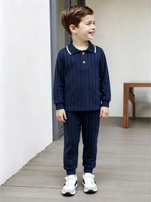 Set de 2 piezas para niños pequeños, conjunto de sudadera de manga larga con cuello polo y pantalones casuales, de moda para otoño/invierno