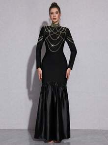 Elegante vestido largo de noche de sirena con mangas largas, cuello en pico y aplicaciones de plumas, ajustado, para bodas, banquetes y fiestas