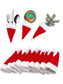3PCS/5PCS/10pcs Mini Santa Hats For Christmas Tableware & Wine Bottle Decorations - Festive Red & White Holiday Party Accessories With Pom-Poms, Christmas Accessories, Perfect For Winter, New Year