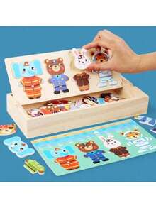 1件儿童木制拼图早教卡通动物换装拼图小熊换装拼图趣味男孩女孩玩具礼物婴儿拼图板 - 彩色 - 查看 2