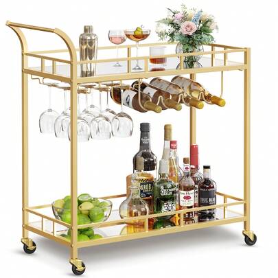 VASAGLE Bar Cart Gold, Home Bar Serving Cart, Wine Cart With 2 Mirrored Shelves, Wine Holders, Glass Holders, For Kitchen, Dining Room, Gold