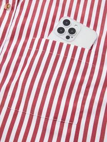 Acelitt 女士条纹撞色印花贴花侧缝宽松西式翻领衬衫，适合春秋季穿着 - 紅白色 - 查看 10