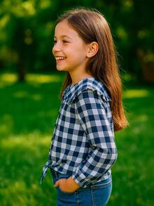 Blusa Cuadro Manga Farol y Ribete - Azul Marino - Ver 3