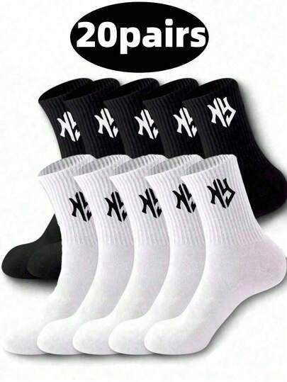 20 双儿童袜子，男童透气运动袜，时尚字母印花，高弹力户外跑步袜，舒适透气防臭抗菌袜子，适合日常穿着，秋季