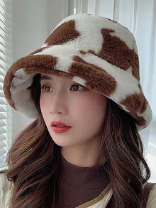 Classic Autumn/Winter New Solid Color Cow Print Faux Fur Fisherman Hat, Korean Fashion Faux Fur Fluffy Thick All-Match Casual Retro Party Streetwear Polyester Fiber Decorated Hat