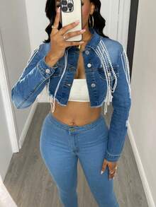 女式短款牛仔夹克 - 珍珠流苏做旧牛仔夹克，正面带纽扣，前卫街头风格短款牛仔夹克，适合女士音乐会和节日穿着 - 淺色水洗藍 - 查看 9