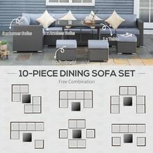 Outsunny 10 Pieces Outdoor PE Rattan Sofa Set With 10cm Thick Cushions, Garden Sectional Corner Sofa Set With Glass Top Dining Table And Three Footstools, Grey - Grey - View 3