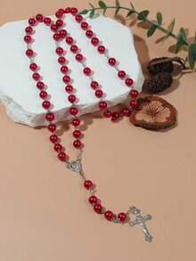 1pc Black & Pink Round Bead & Faux Pearl & Cross Pendant Necklace, Simple Style Sweater Chain