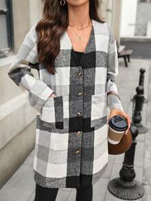 Nowy damski kardigan w czarno-białą kratę, swobodny, wygodny, ciepły i uniwersalny wełniany płaszcz z kieszeniami, odpowiedni na jesienno-zimowe codzienne dojazdy do pracy