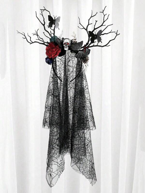 1pc Women's Black Butterfly Rose Skull Tree Root Double Layer Spider Web Veil Headband, Halloween Tree Branch Witch Hand Headband, Dark Rose Headband, Halloween Costume Accessory, Party Headpiece, Halloween Party Polyester Fiber Headband & Veil, Autumn/Winter