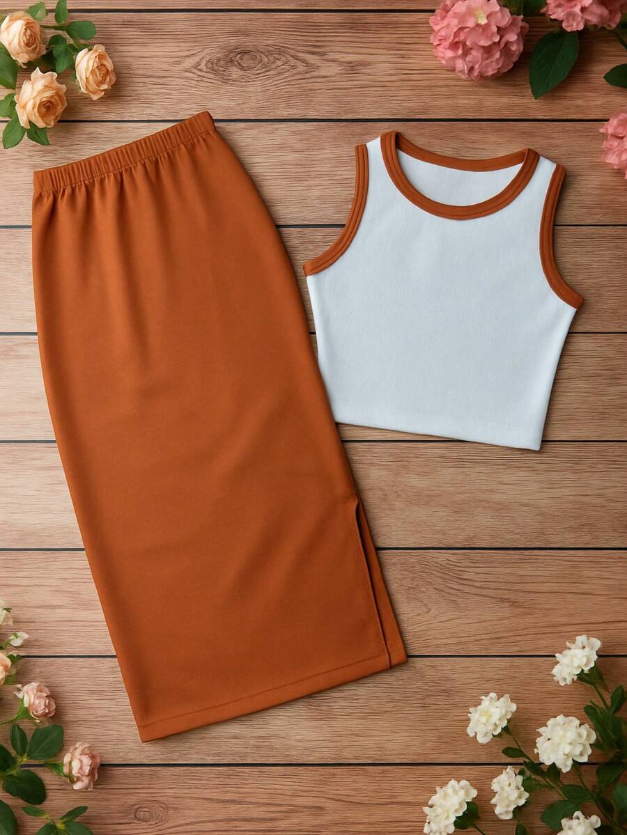 Girls' And Teen's 2-Piece Set: Cropped Tank Top And Midi Skirt, Ribbed Knit, Spring/Summer Fashion CJI003 - Rust Brown - View 1