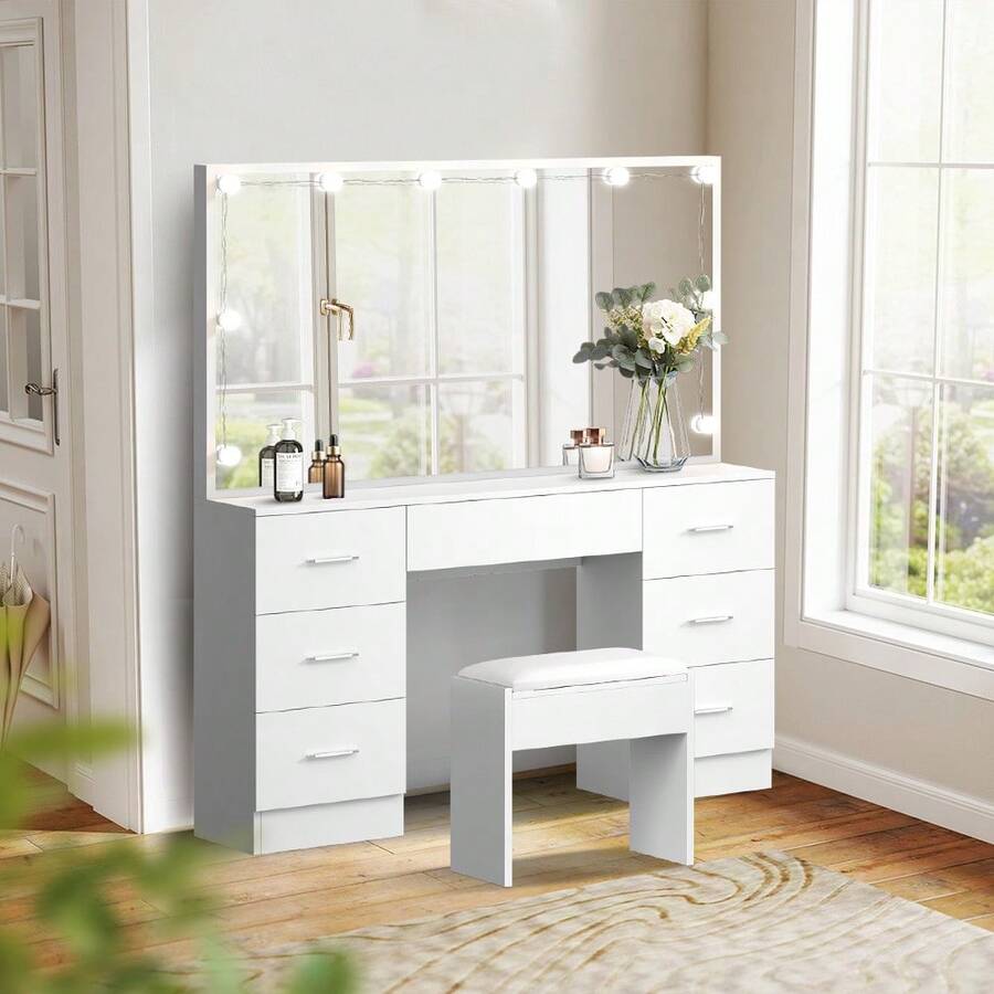 SUN YEE Dressing Table Large Makeup Mirror Vanity Desk White