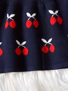 Baby Girls Casual Cute Doll Collar Cherry Pattern Navy Blue Long Sleeve Crew Neck Knitted Sweater With Knitted Shorts, Comfortable And Soft, Suitable For Daily, Vacation, School, Spring, Autumn, Winter - Royal Blue - View 11