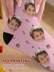 1 Pair Of Christmas Design Customized Face Boy's Front Printed Mid Tube Socks, Couple Socks, Personalized Photo Matching, Funny Couple Socks, Comfortable And Breathable, Creative Cartoon Design, Perfect Holiday, Birthday, Valentine's Day Gifts, Funny, Crazy, Anime, Multi-Color Socks - Multicolor - View 4