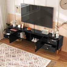 TV Unit, Low Panel With Structured Doors, TV Stand With Drawers, Gold Handles And Gold Legs. - Black + MDF + 70-79 Inches - View 9