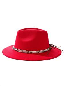 1pc Bohemian Style Faux Leather Decor Felt Fedora Hat, Soft Brim, Unisex Fashion For Work And Commute, Suitable For Autumn And Winter