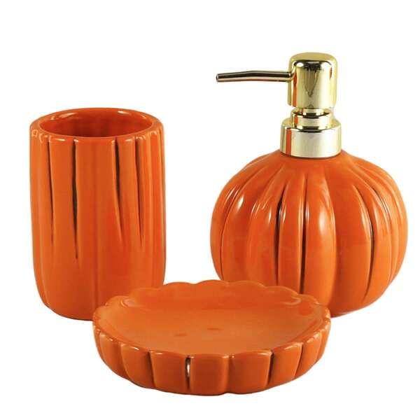 1 zestaw ceramicznych akcesoriów łazienkowych (3 sztuki), dekoracja łazienki z dynią na Halloween, jesienne zestawy łazienkowe, uchwyty na szczoteczki do zębów, dozownik do mydła, mydelniczka, organizer łazienkowy na blat kuchenny, ceramiczny dozownik do mydła w płynie o zapachu wdzięcznej dyni,