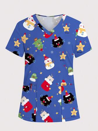 cimmuovere Women's V-Neck Short Sleeve Christmas Themed Scrubs With Cute Print And Multiple Pockets, Suitable For Nurses, Dentists, Healthcare, Pet Hospital, Laboratory Uniforms